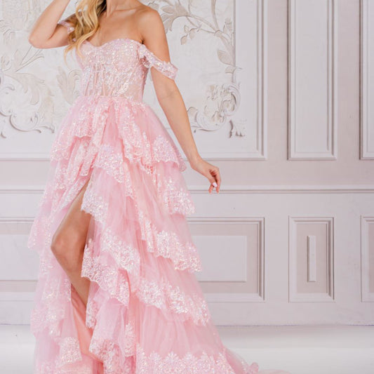 Vestido corsé a capas sin hombros de Amelia Couture TM1012