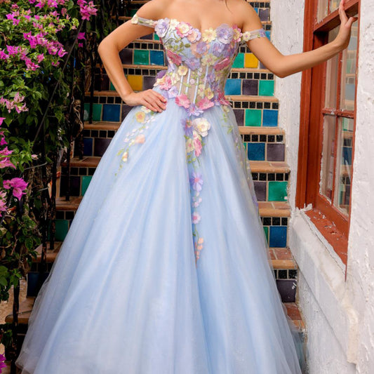 Vestido de noche con apliques florales y hombros descubiertos de Amelia Couture 6124
