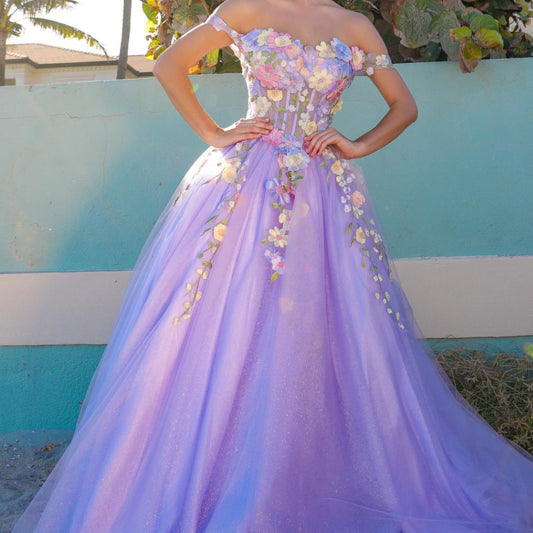 Vestido de noche con apliques florales y hombros descubiertos de Amelia Couture 6124