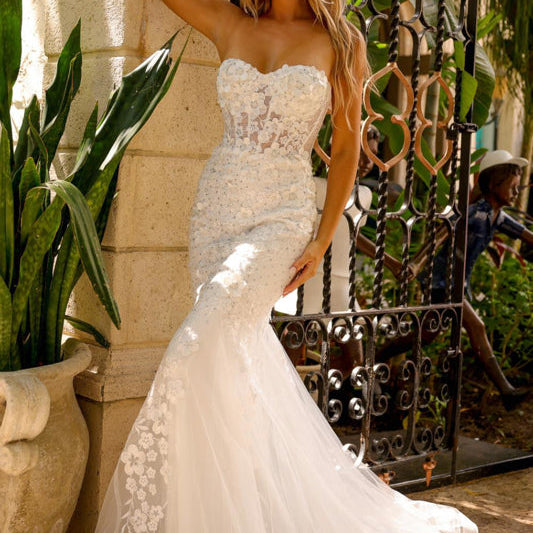 Vestido de sirena sin tirantes floral 3D por Amelia Couture SU081