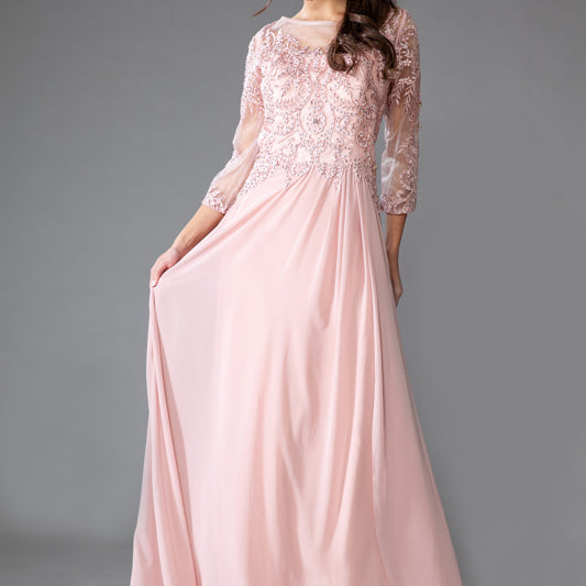 Vestido de gasa bordada manga 3/4 de Amelia Couture 7043