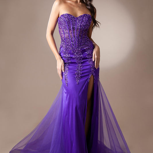 Vestido de fiesta ajustado con aberturas sin tirantes y cuentas de Amelia Couture 7051