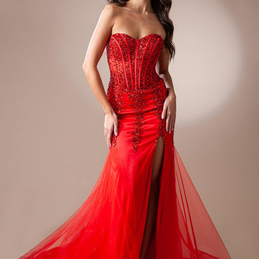 Vestido de fiesta ajustado con aberturas sin tirantes y cuentas de Amelia Couture 7051