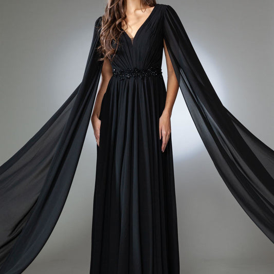 Vestido de gasa con cuello en V y manga larga de Amelia Couture AC0011