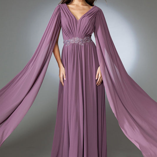 Vestido de gasa con cuello en V y manga larga de Amelia Couture AC0011