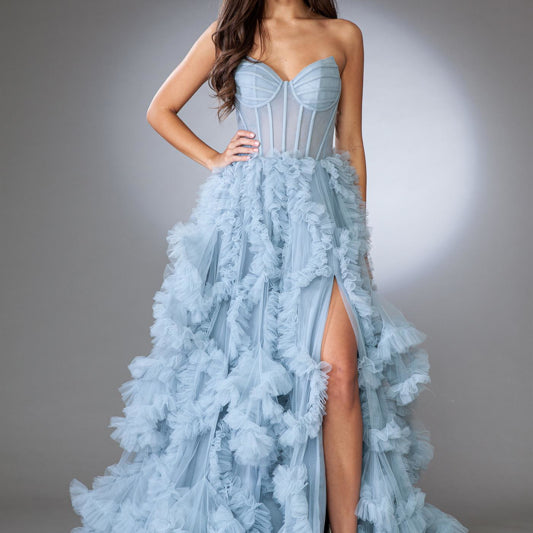 Vestido de fiesta sin tirantes con volantes y aberturas, Amelia Couture AC0019