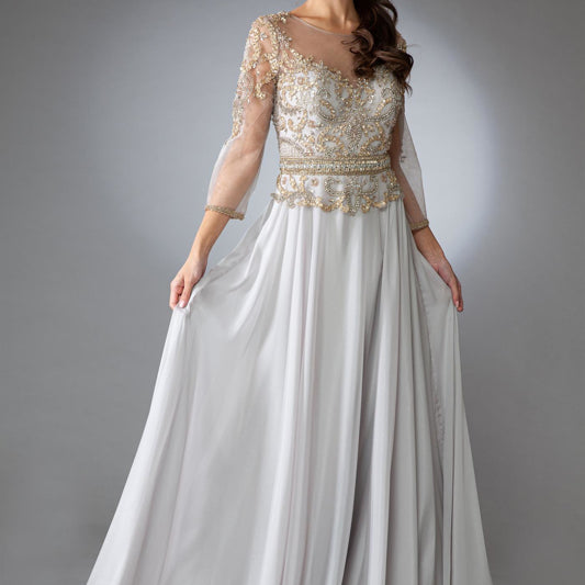 Vestido de gasa de terciopelo con manga 3/4 y cuentas de Amelia Couture 7041