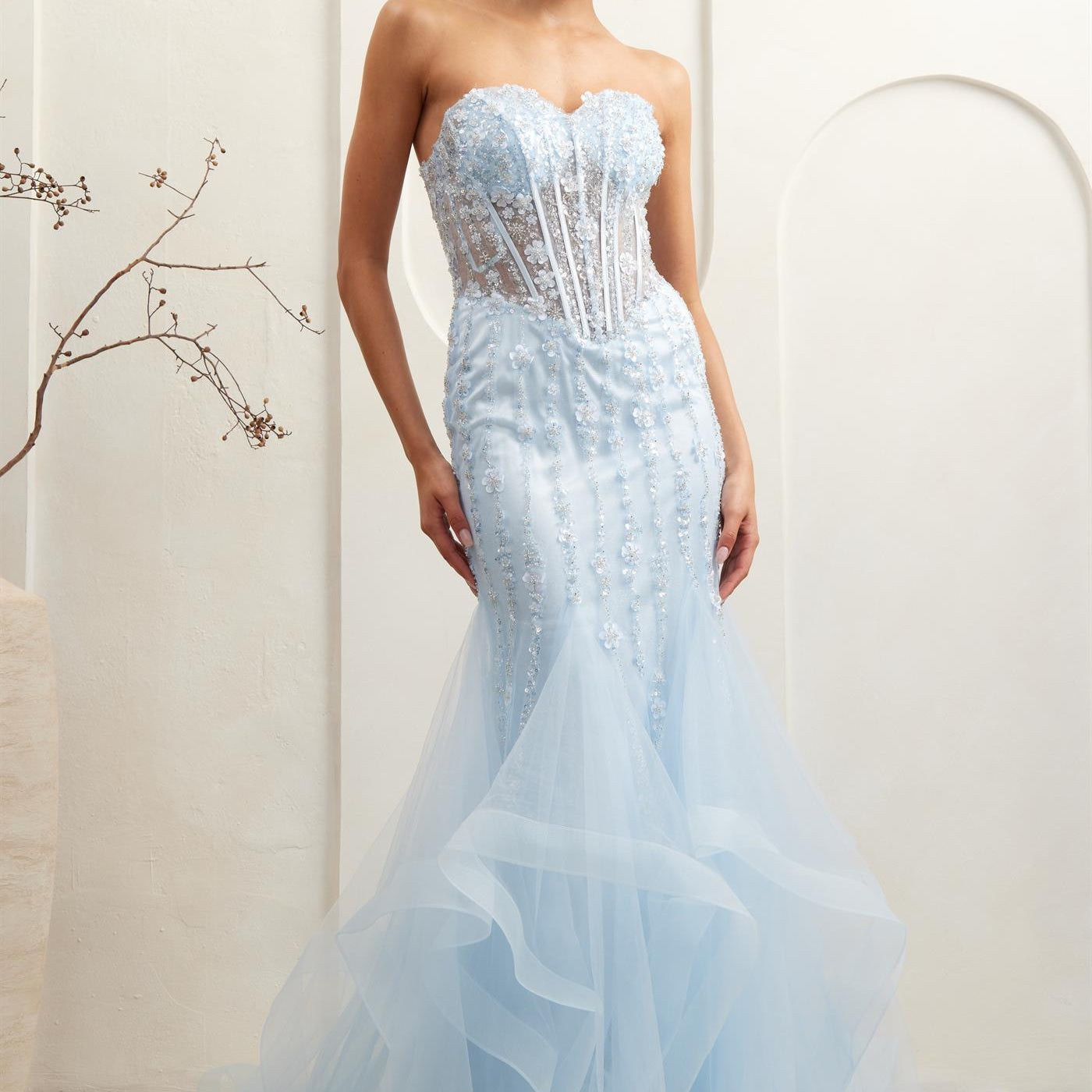 Amelia Couture 8002 - Vestido de sirena sin tirantes con volantes