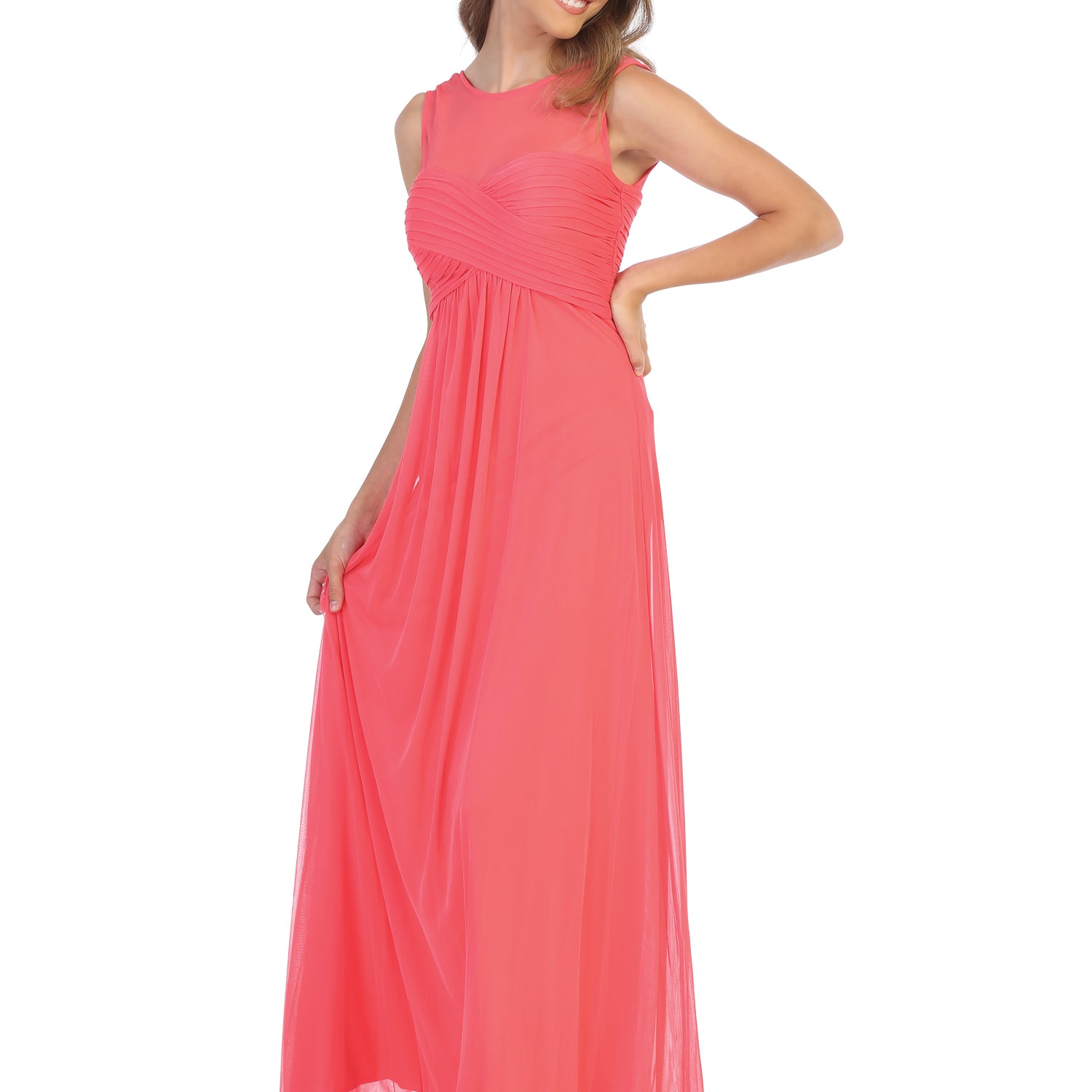 Vestido de gasa elástica sin mangas con detalles plisados y cintura imperio, opción premamá EVA 3153