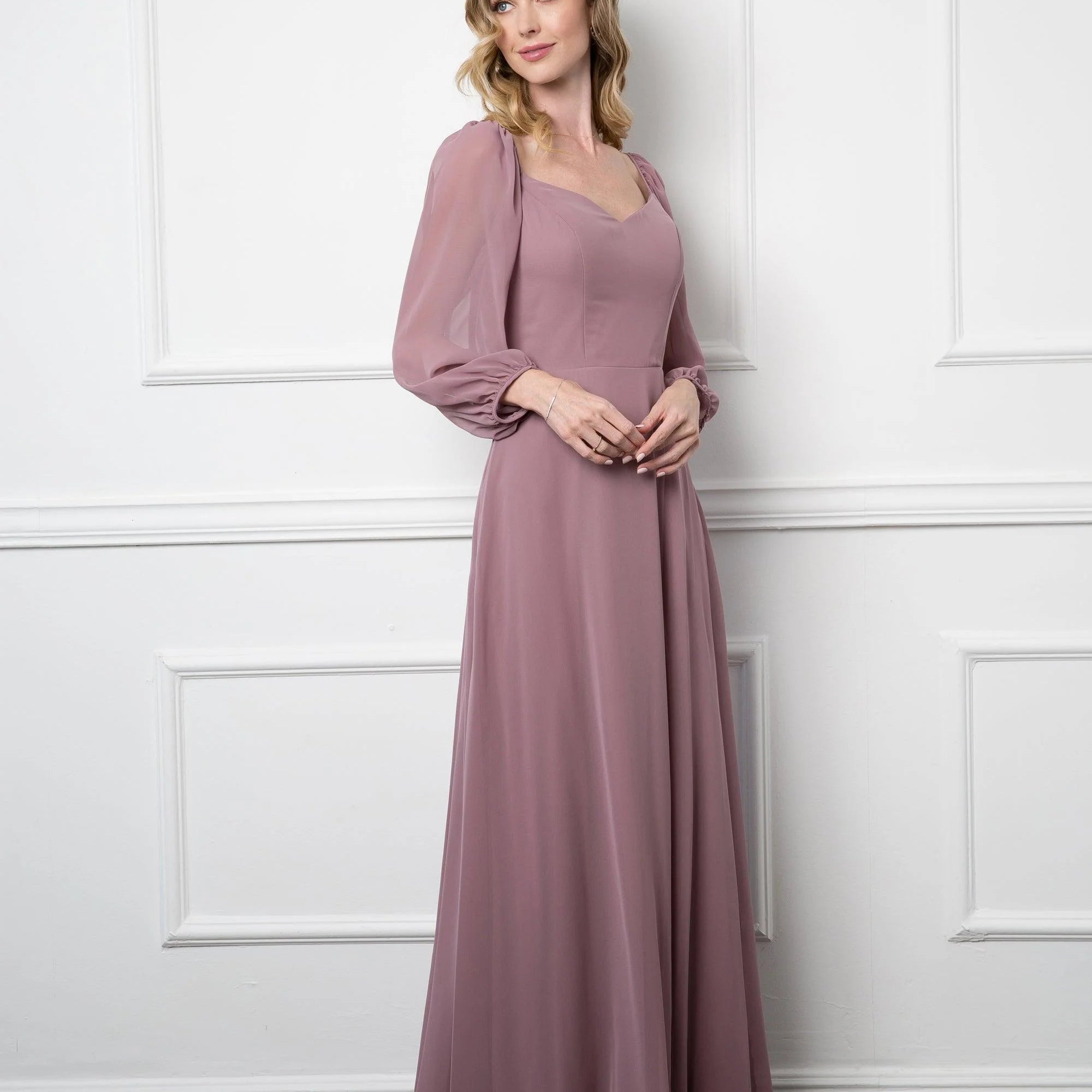 Vestido de gasa manga globo con abertura frontal y bolsillos EVA 3452