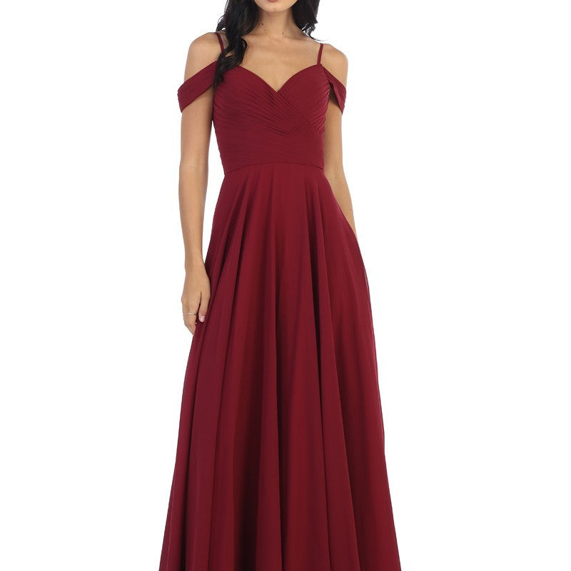 Vestido de línea A de gasa con hombros descubiertos y detalles plisados en el corpiño EVA 5183