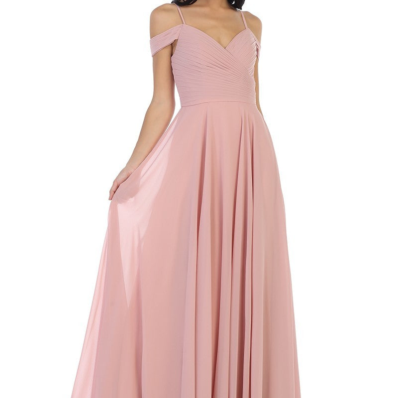 Vestido de línea A de gasa con hombros descubiertos y detalles plisados en el corpiño EVA 5183