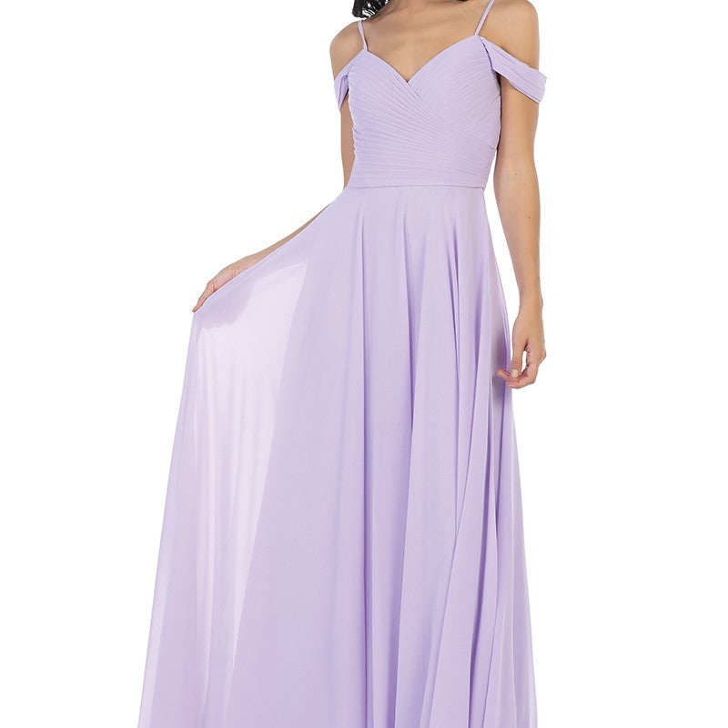 Vestido de línea A de gasa con hombros descubiertos y detalles plisados en el corpiño EVA 5183