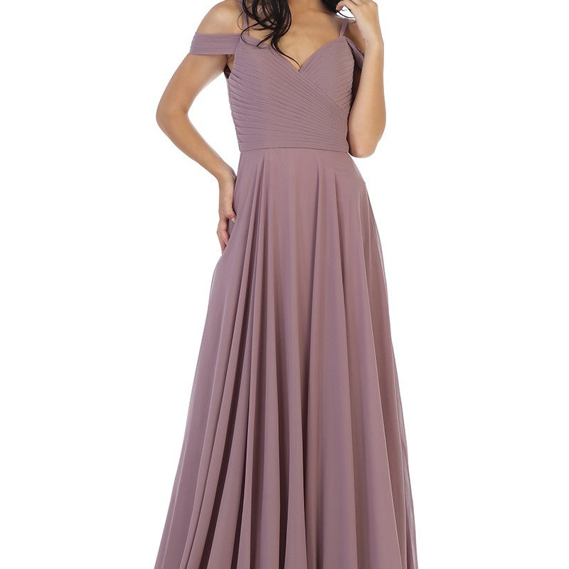 Vestido de línea A de gasa con hombros descubiertos y detalles plisados en el corpiño EVA 5183