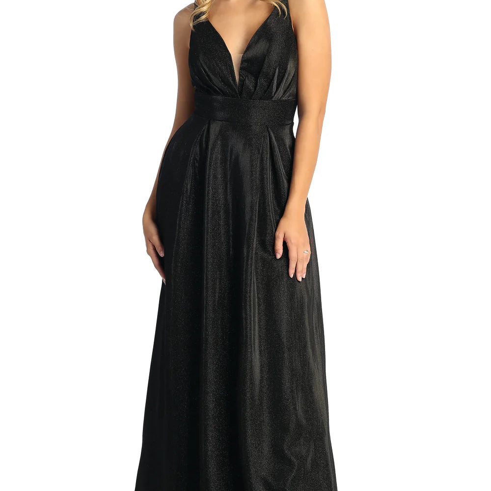 Vestido de noche con escote en V y purpurina MQ1875