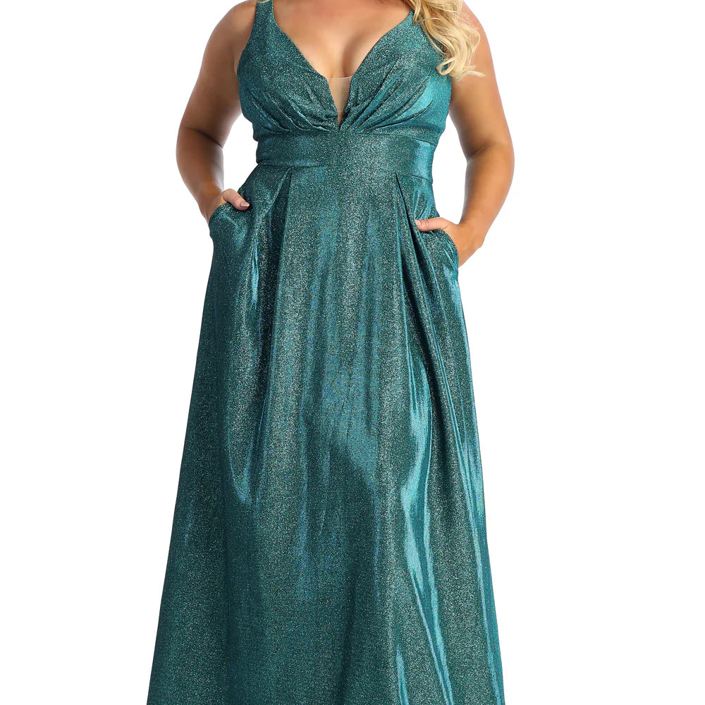 Vestido de noche con escote en V y purpurina MQ1875