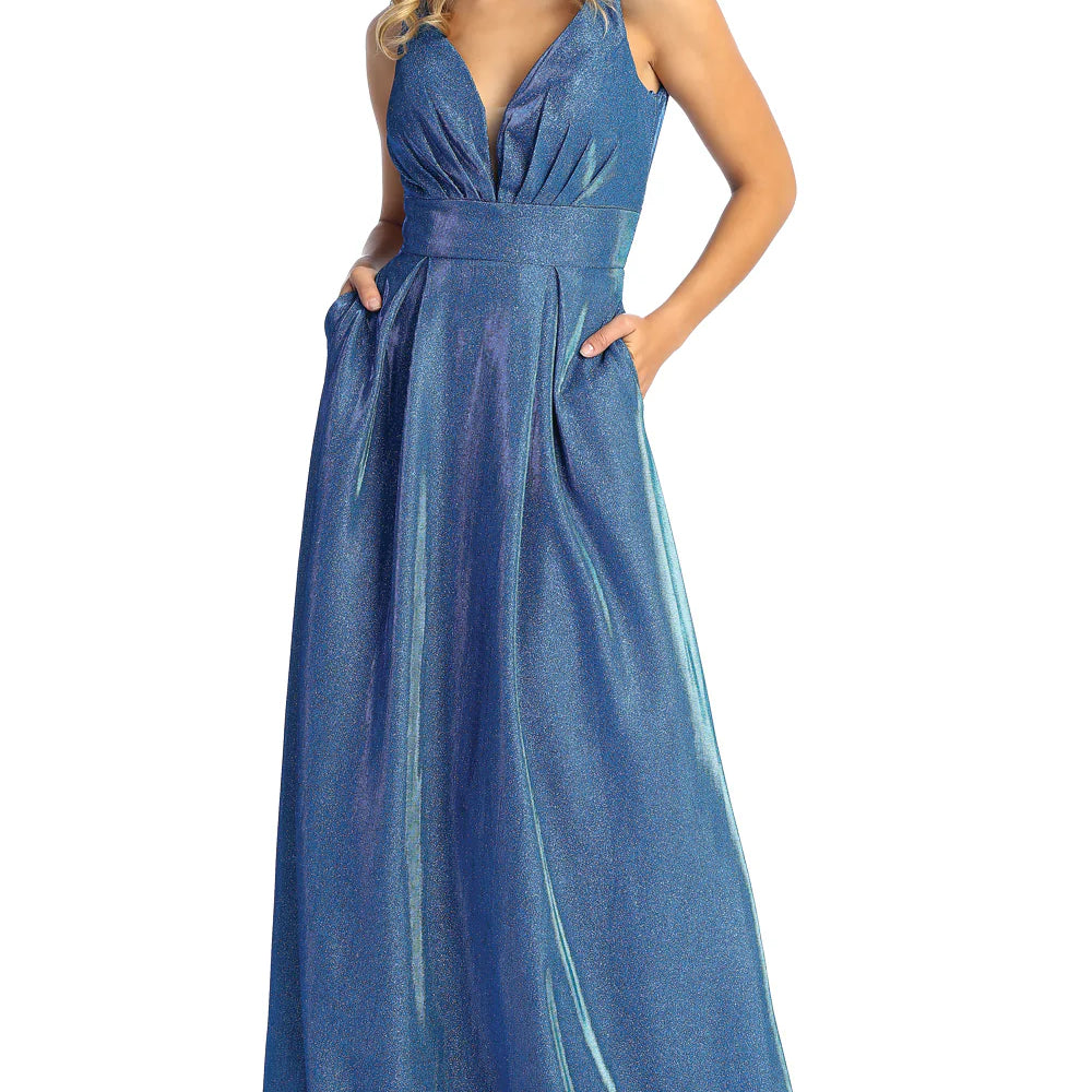 Vestido de noche con escote en V y purpurina MQ1875