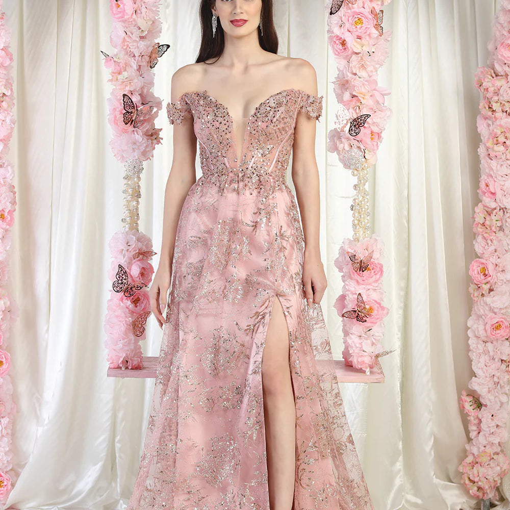 Vestido de noche con escote en V y hombros descubiertos MQ1975