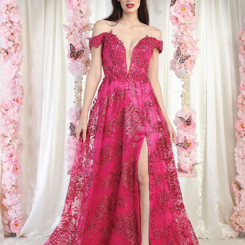 Vestido de noche con escote en V y hombros descubiertos MQ1975