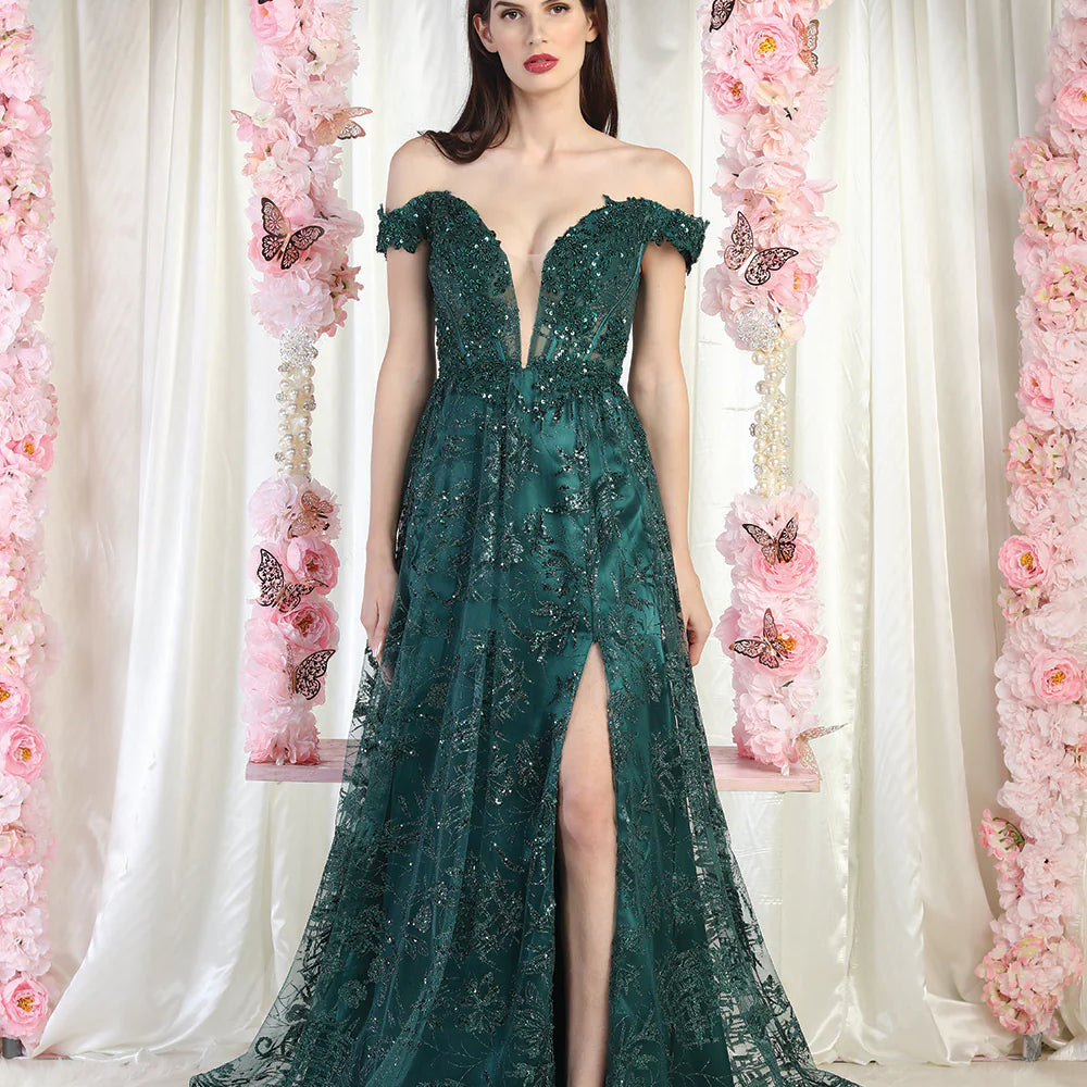 Vestido de noche con escote en V y hombros descubiertos MQ1975