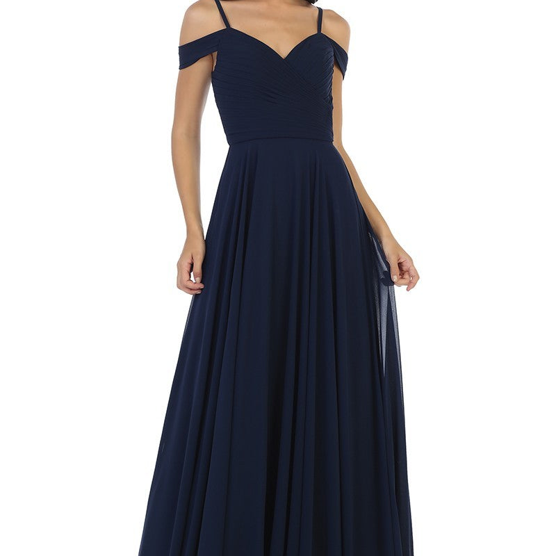 Vestido de línea A de gasa con hombros descubiertos y detalles plisados en el corpiño EVA 5183