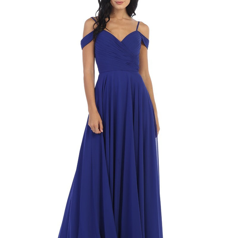 Vestido de línea A de gasa con hombros descubiertos y detalles plisados en el corpiño EVA 5183