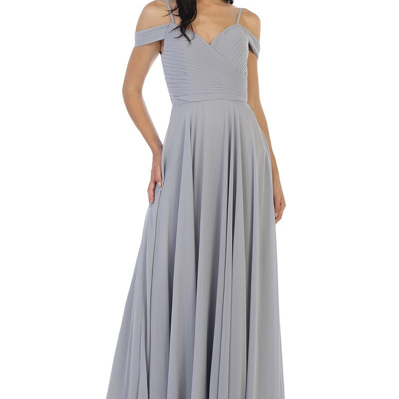 Vestido de línea A de gasa con hombros descubiertos y detalles plisados en el corpiño EVA 5183