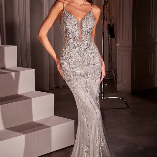 Ladivine CD795 - Vestido de fiesta de encaje con cuentas y escote en V