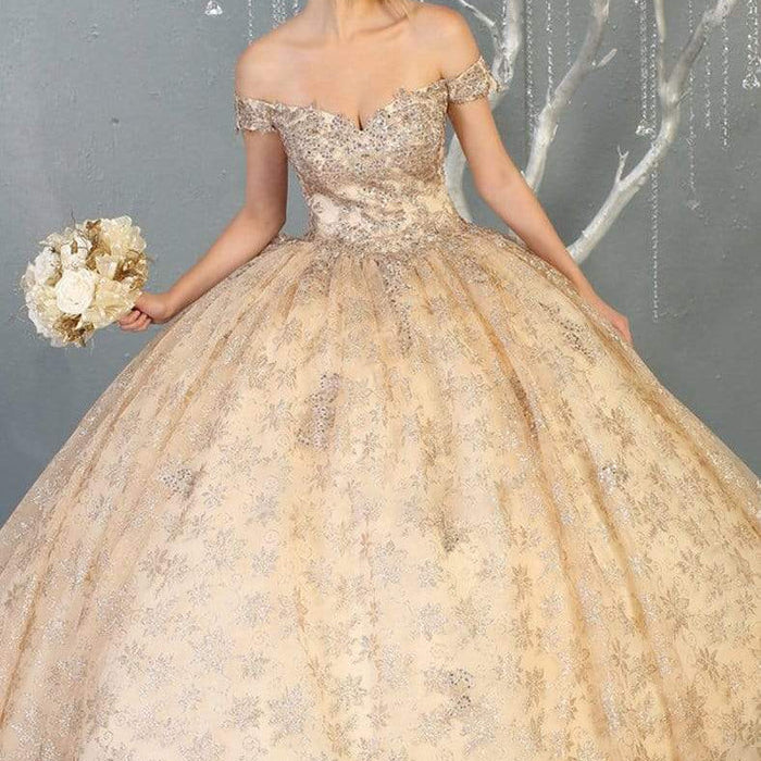 Vestido de quinceañera con hombros descubiertos y adornos LK152