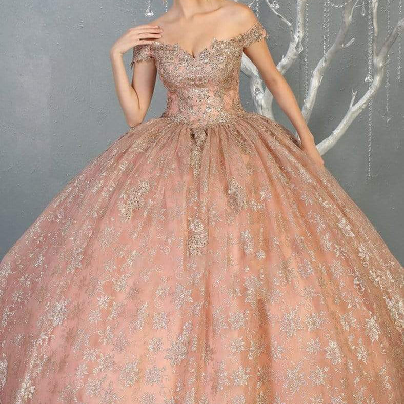 Vestido de quinceañera con hombros descubiertos y adornos LK152