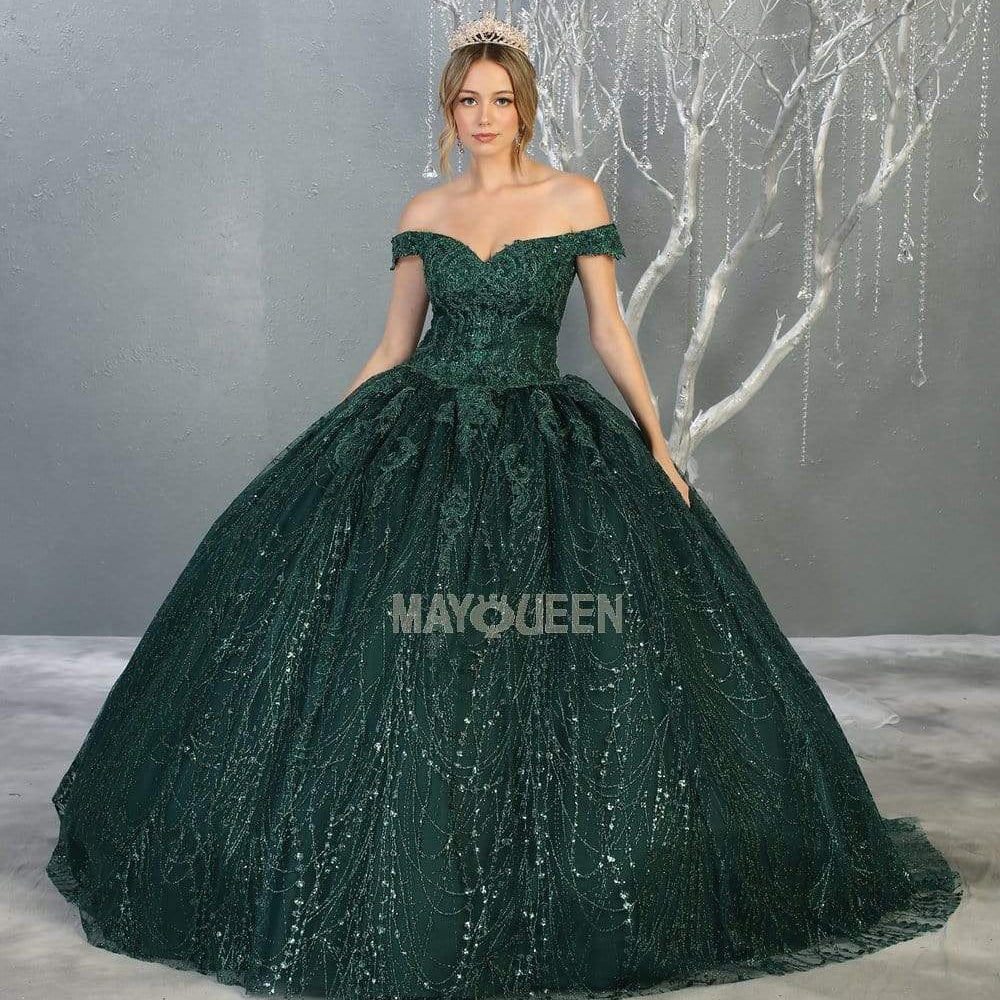 Vestido de quinceañera con apliques florales y hombros descubiertos LK153