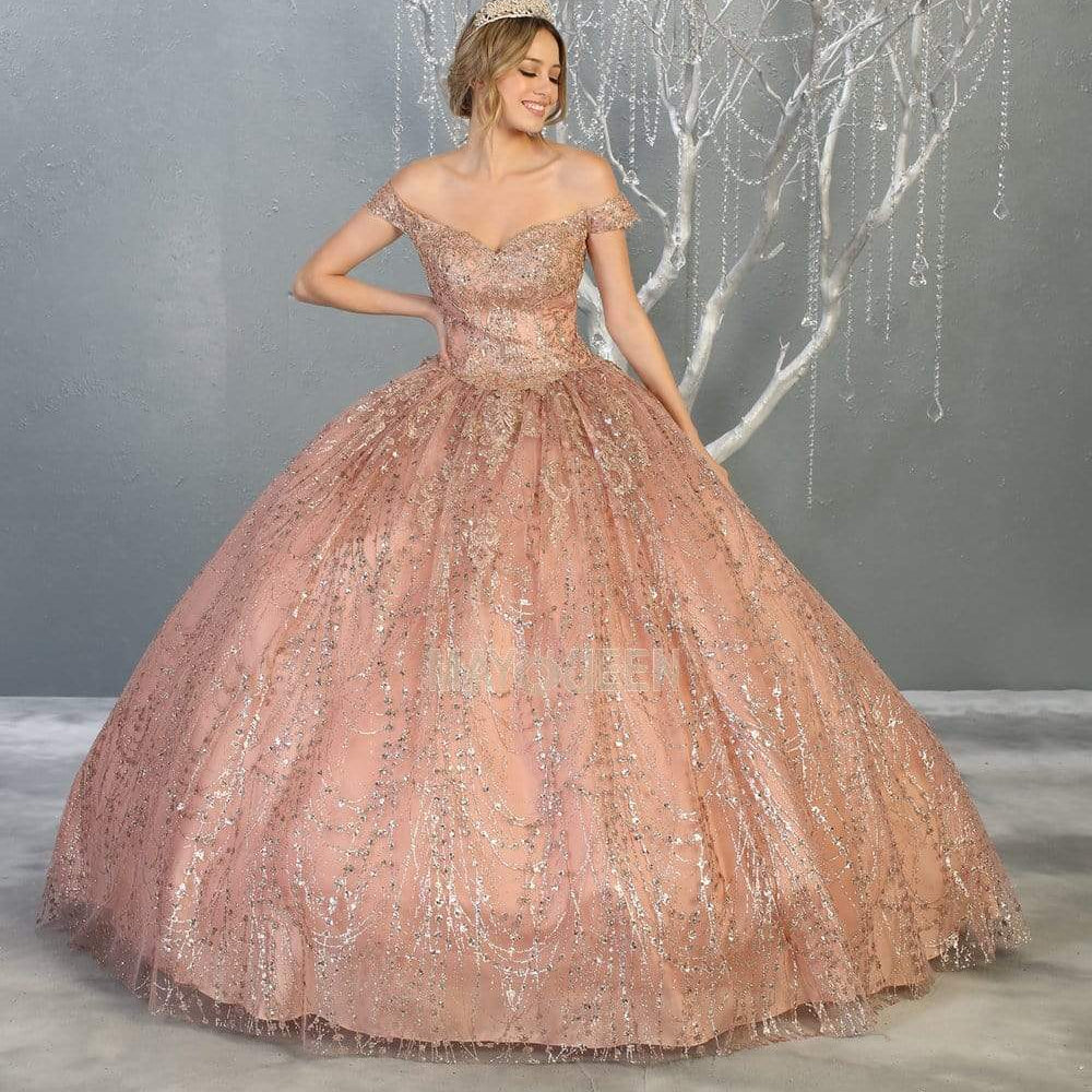 Vestido de quinceañera con apliques florales y hombros descubiertos LK153