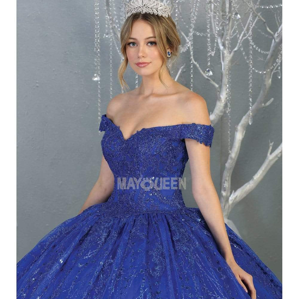 Vestido de quinceañera con apliques florales y hombros descubiertos LK153