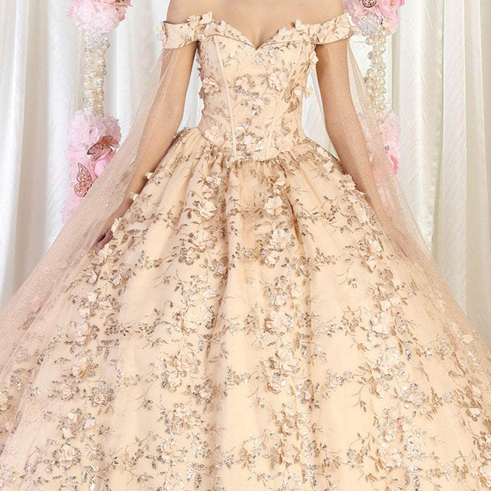 Vestido de quinceañera con hombros descubiertos y adornos florales en 3D LK184