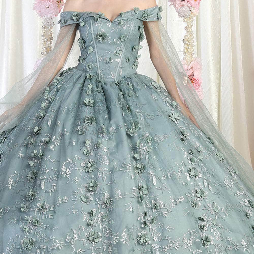Vestido de quinceañera con hombros descubiertos y adornos florales en 3D LK184