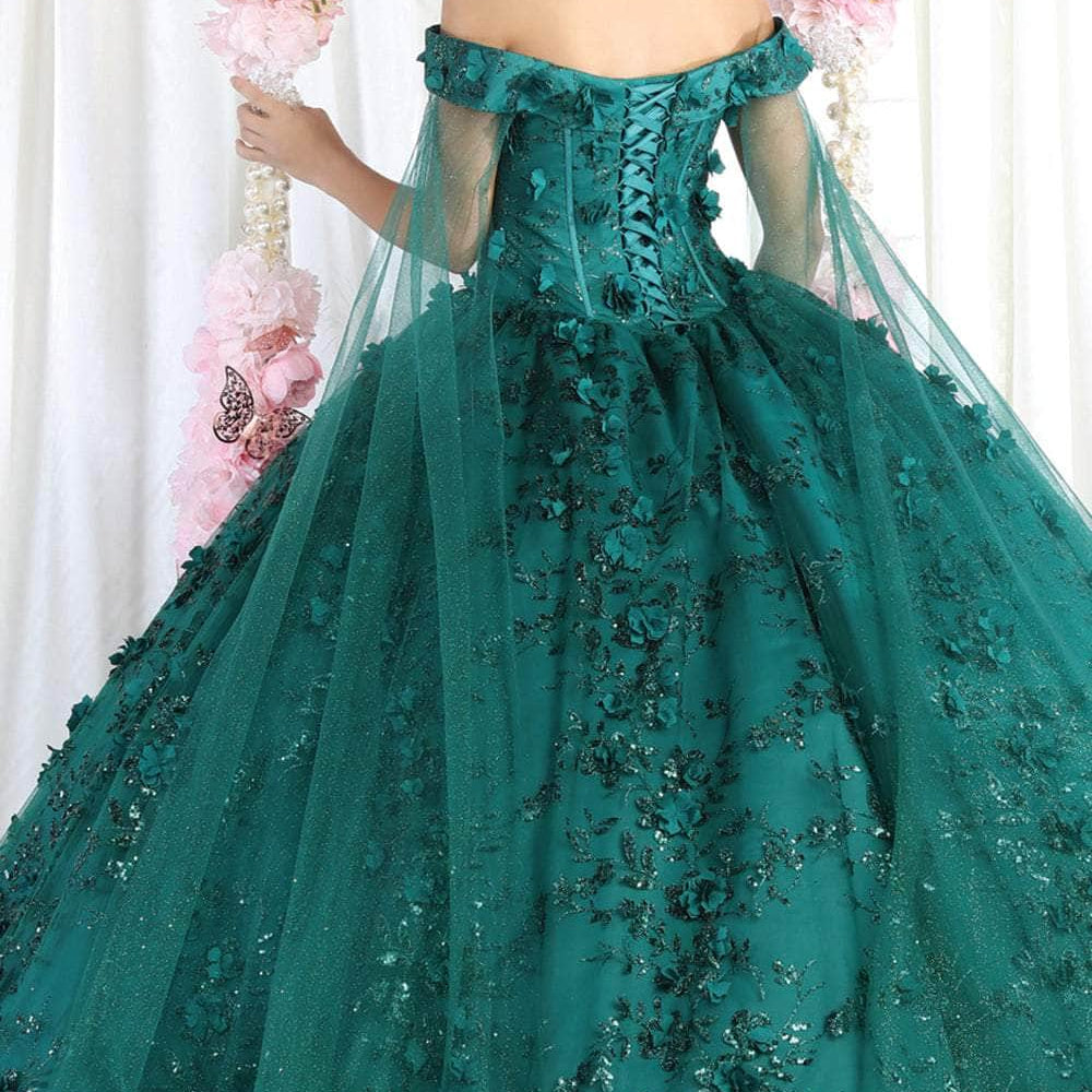 Vestido de quinceañera con hombros descubiertos y adornos florales en 3D LK184
