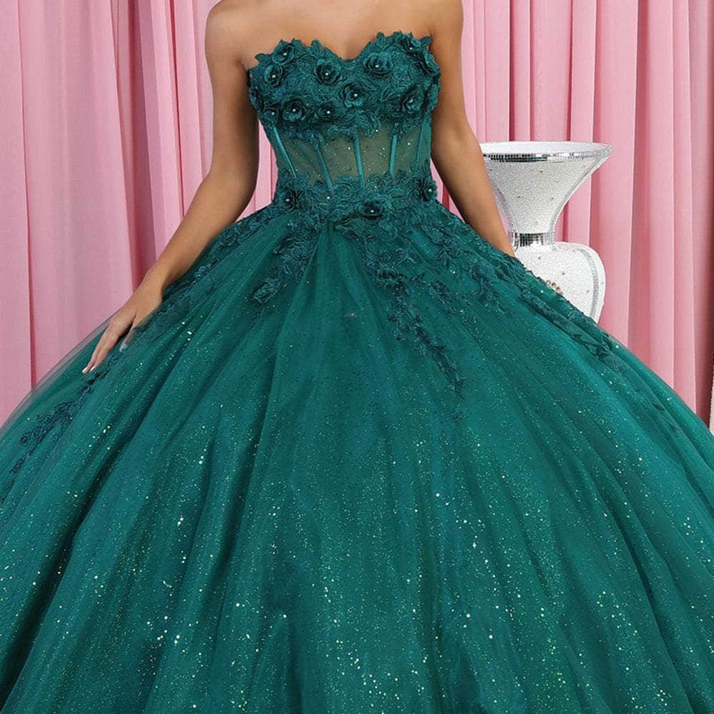 Vestido de quinceañera con bordado floral 3D sin tirantes LK188