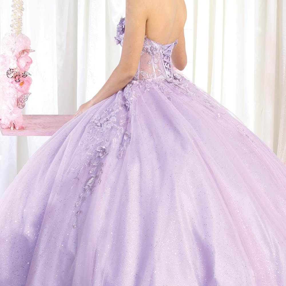Vestido de quinceañera con bordado floral 3D sin tirantes LK188