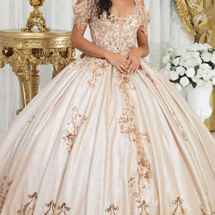 Vestido de quinceañera con apliques en los hombros LK213