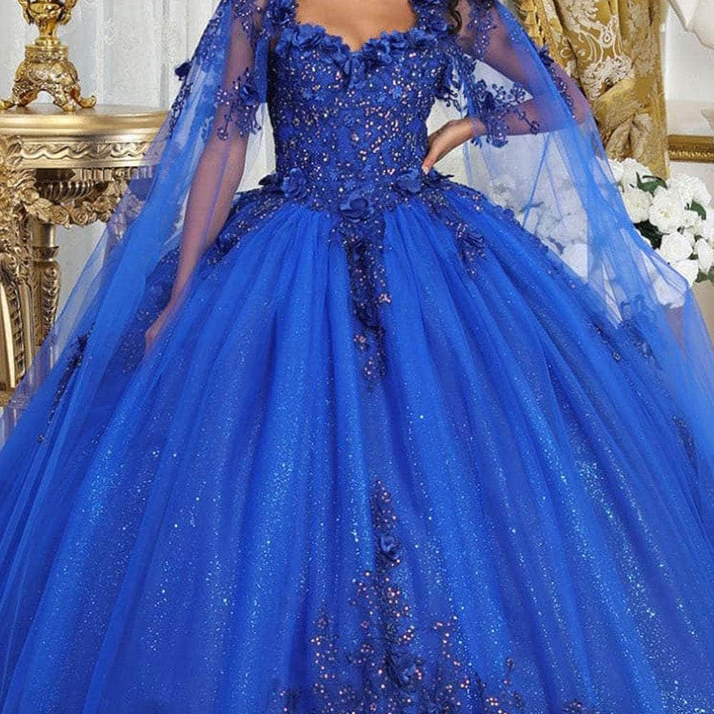 Vestido de quinceañera bordado con mangas de capa LK214