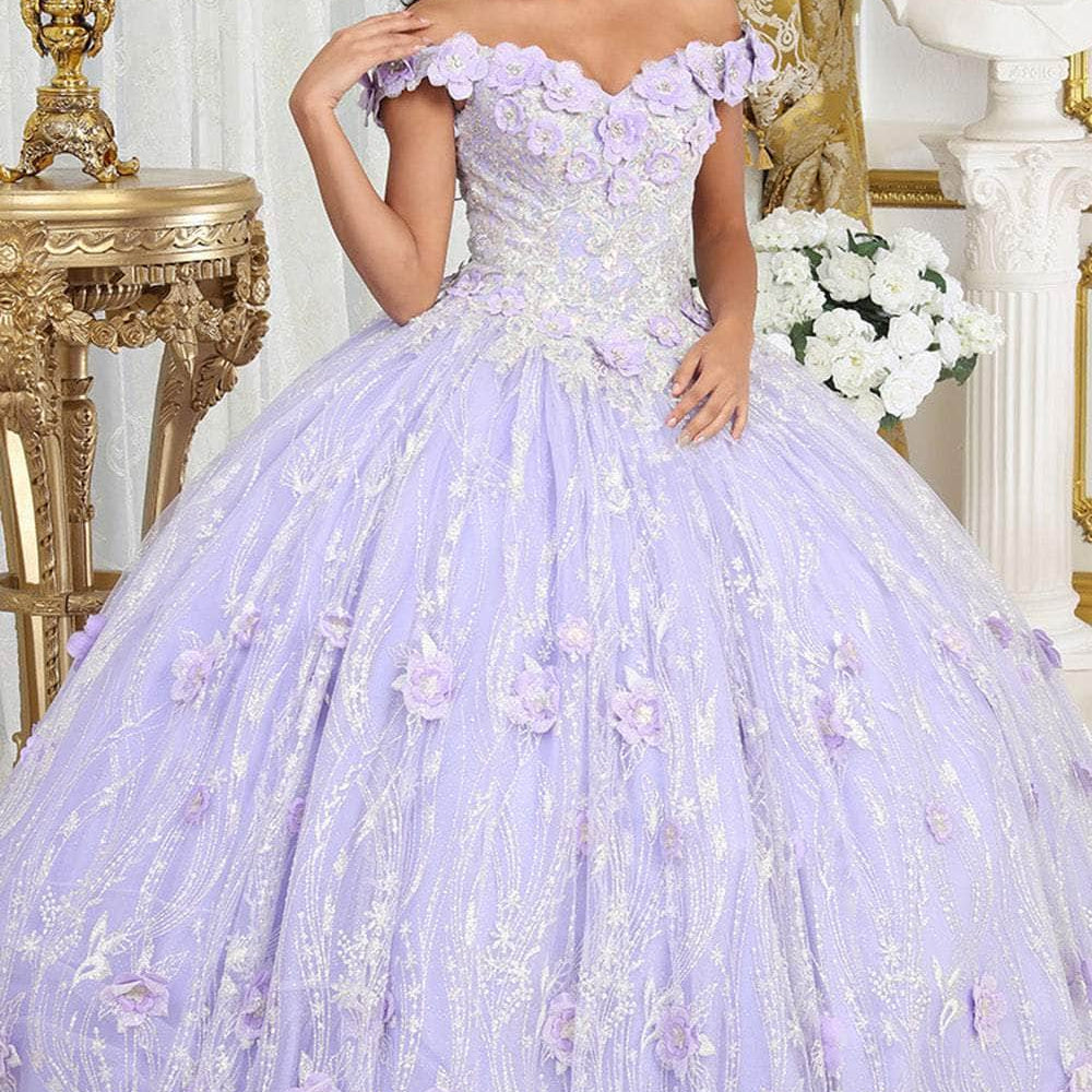 Vestido de quinceañera con brillos sin hombros LK225