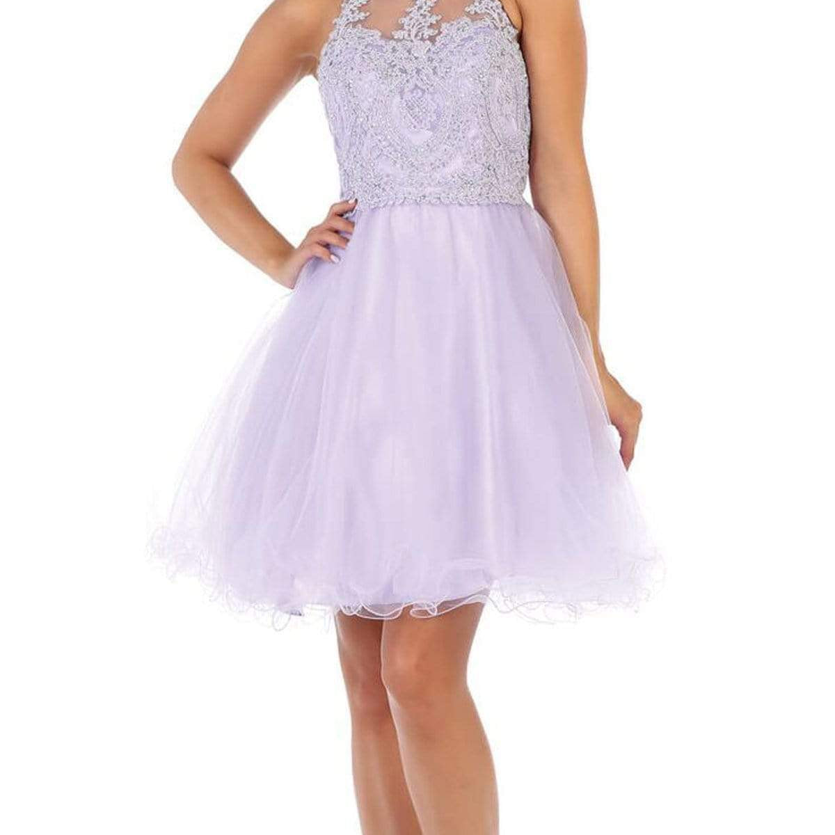 Vestido de cóctel sin mangas con apliques de encaje y cuello joya MQ1643