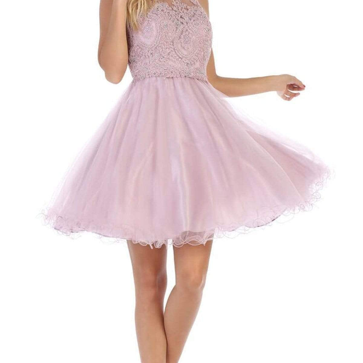 Vestido de cóctel sin mangas con apliques de encaje y cuello joya MQ1643