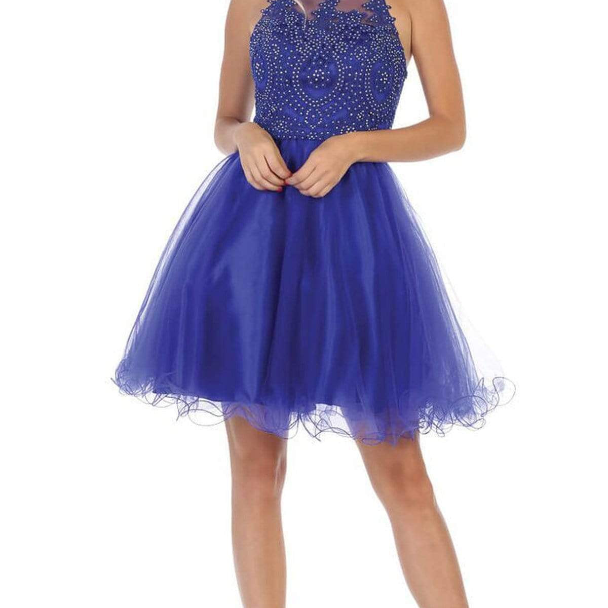 Vestido de cóctel sin mangas con apliques de encaje y cuello joya MQ1643