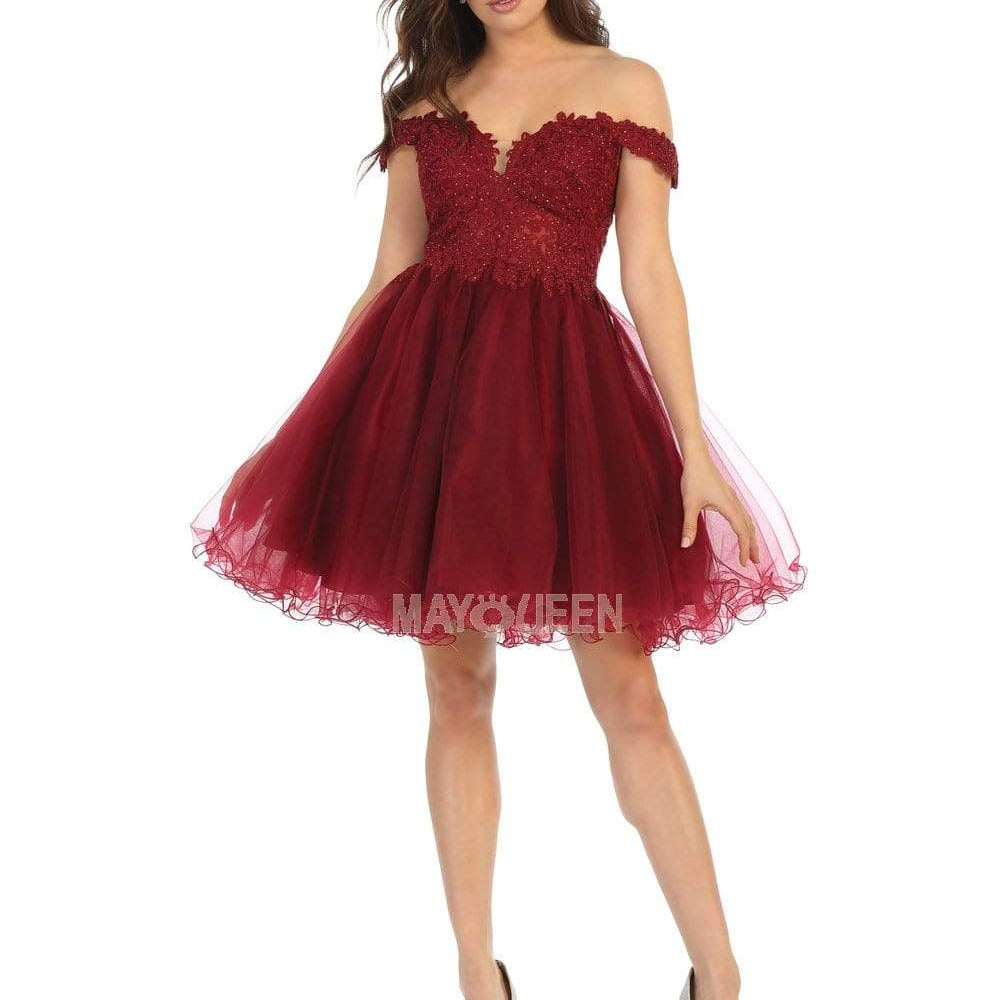 Vestido de cóctel de tul con cuerpo de encaje transparente sin hombros MQ1663