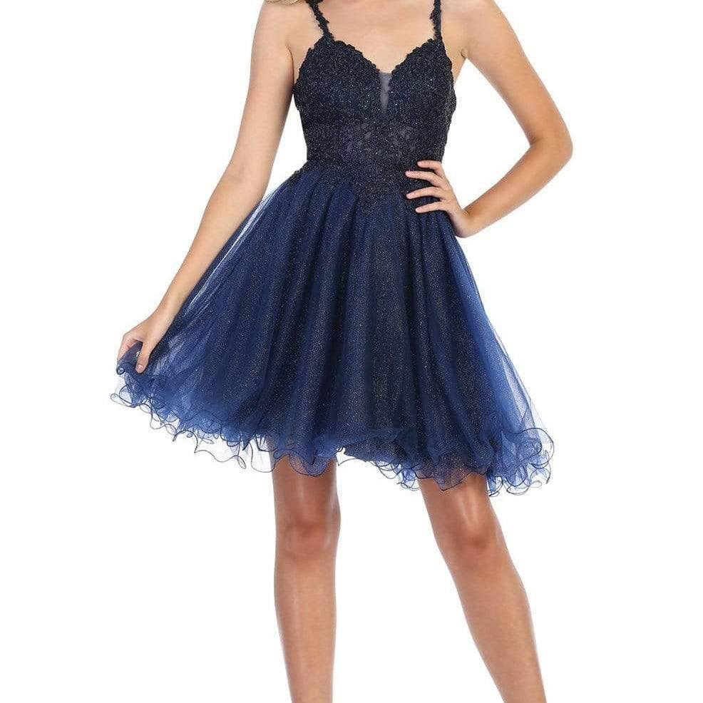 Vestido de cóctel de tul en línea A con apliques de encaje brillante MQ1693