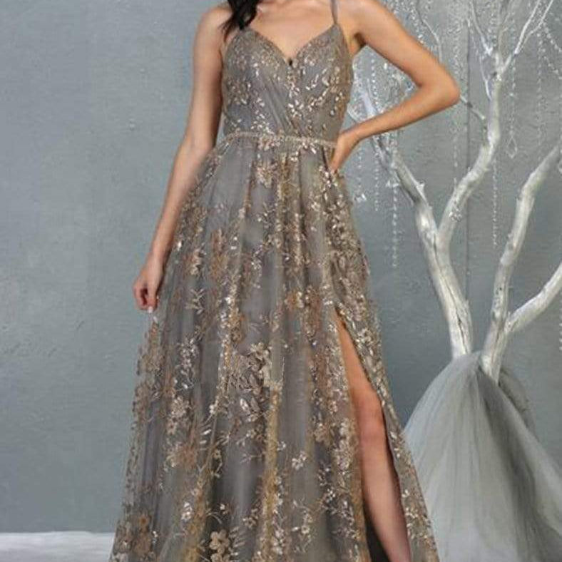 Vestido de fiesta con escote en V y corte-A adornado MQ1787