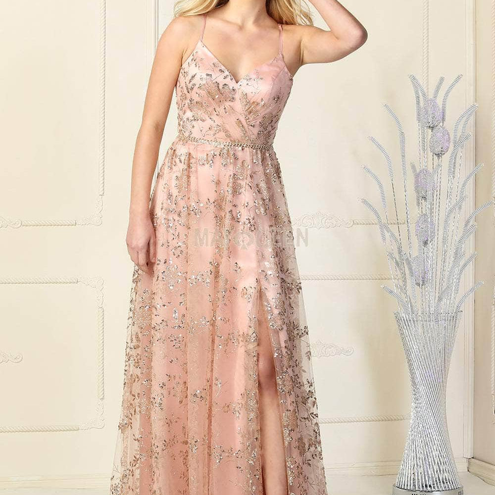 Vestido de fiesta con escote en V y corte-A adornado MQ1787