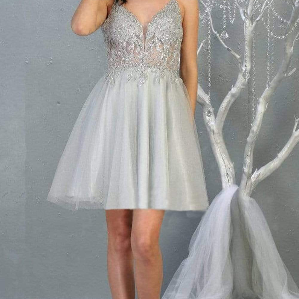 Vestido en línea A con cuerpo ilusión de cuentas MQ1813