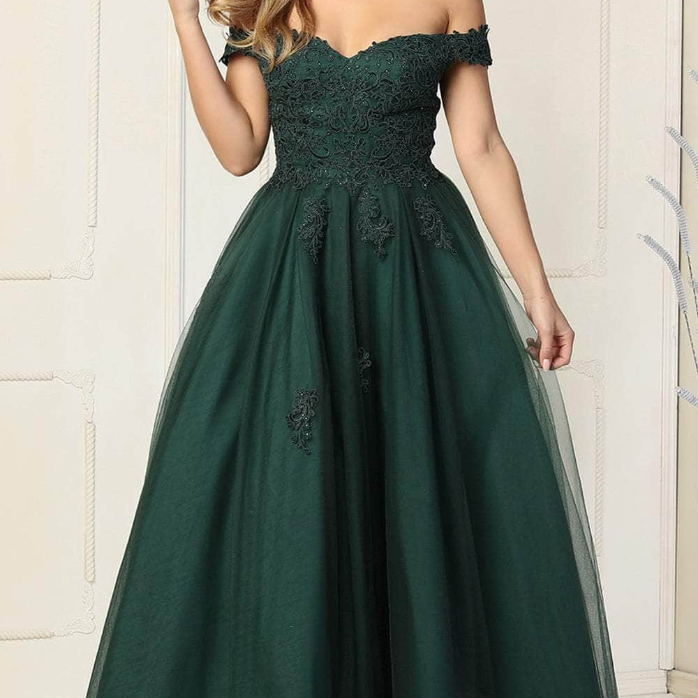 Vestido de noche con hombros descubiertos y adornos florales MQ1866